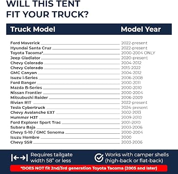 DAC Truck Bed Tent Pickup Truck Tent for Caps, Fits Ford Maverick. Jeep Gladiator, Ford Ranger, Nissan Frontier, Rivian R1T, Tesla Cybertruck Tailgate Width 58 Compatible with Camping Shells
