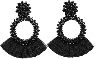 Pendientes De Mujer,Bohemia Hecho A Mano Borla Grandes Pendientes Largos Cuentas Largos Cuerda Flequillo Pendientes para Novia Encanto Moda Gota Colgante Pendientes Joyería para Mujeres Damas, Negr