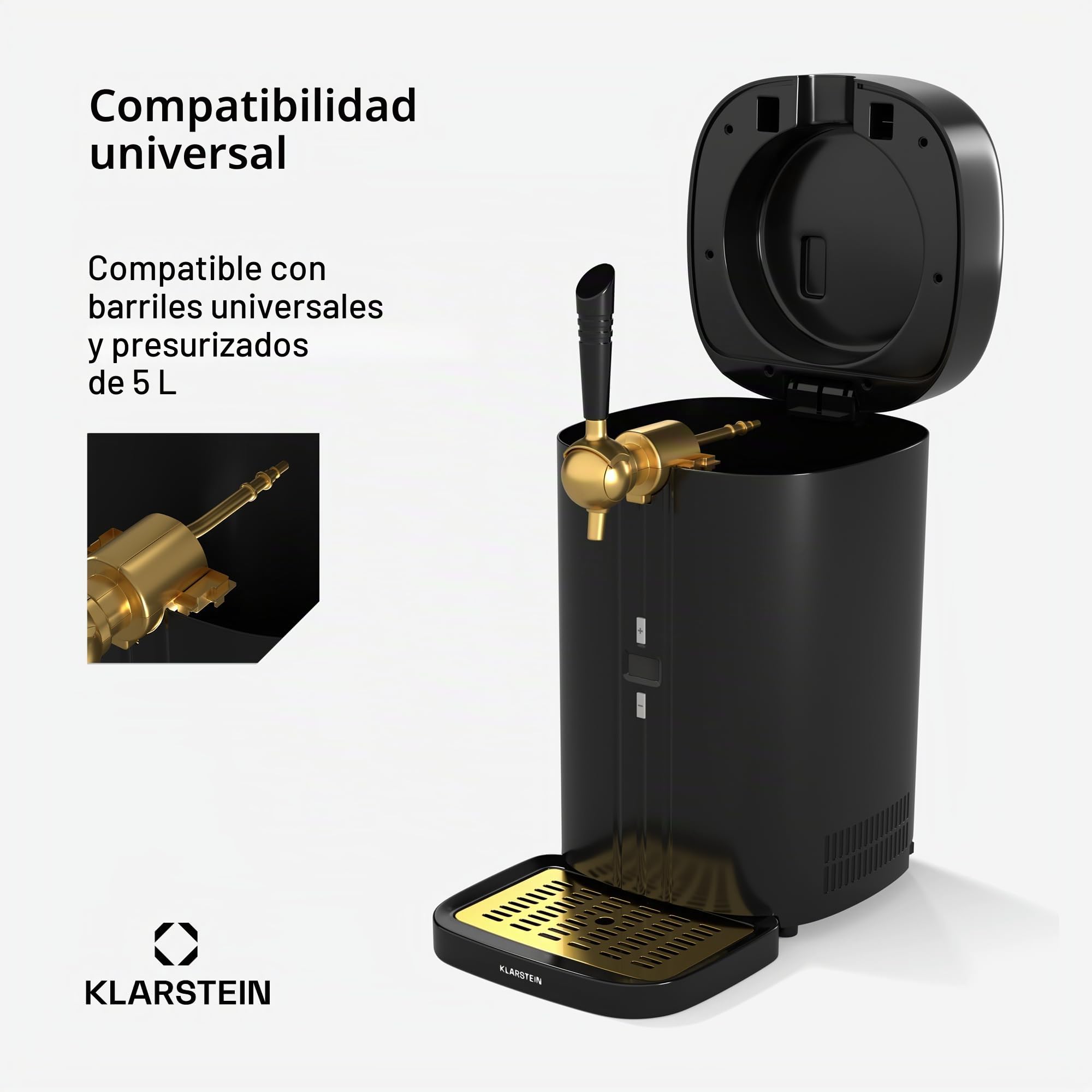 Klarstein FrostBrew Dispensador de Cerveza 5L - Sistema de Presión de CO₂, Refrigeración Termoeléctrica, Control de Temperatura 3-12°C, Barril Universal, Negro/Dorado