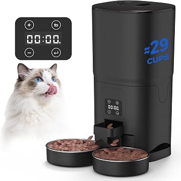 PAPIFEED Automatic Cat Feeder 2 Cats, 7L Large Capacity Cat Food Dispenser for Dry Food, 6 Meals/Day, 12 Portions/Meal, Timed Cat Feeders with Dual Power Supply for Multiple Pets, Black
