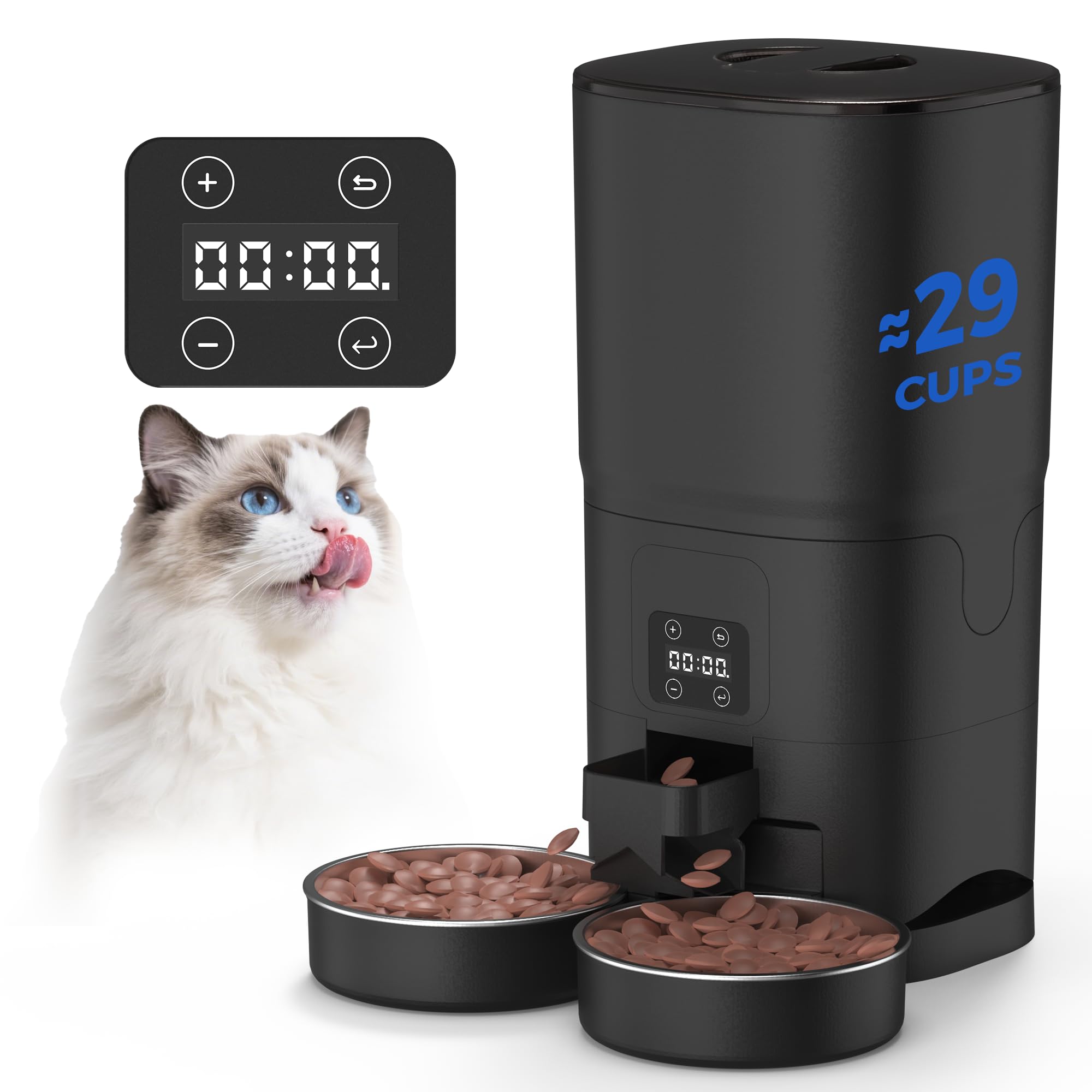 PAPIFEED Automatic Cat Feeder for 2 Cats, 7L Large Capacity Food Dispenser for Multiple Pets, Timed Cat Feeder for Dry Food, Detachable for Easy Cleaning, Up to 12 Portions 6 Meals Per Day - Black