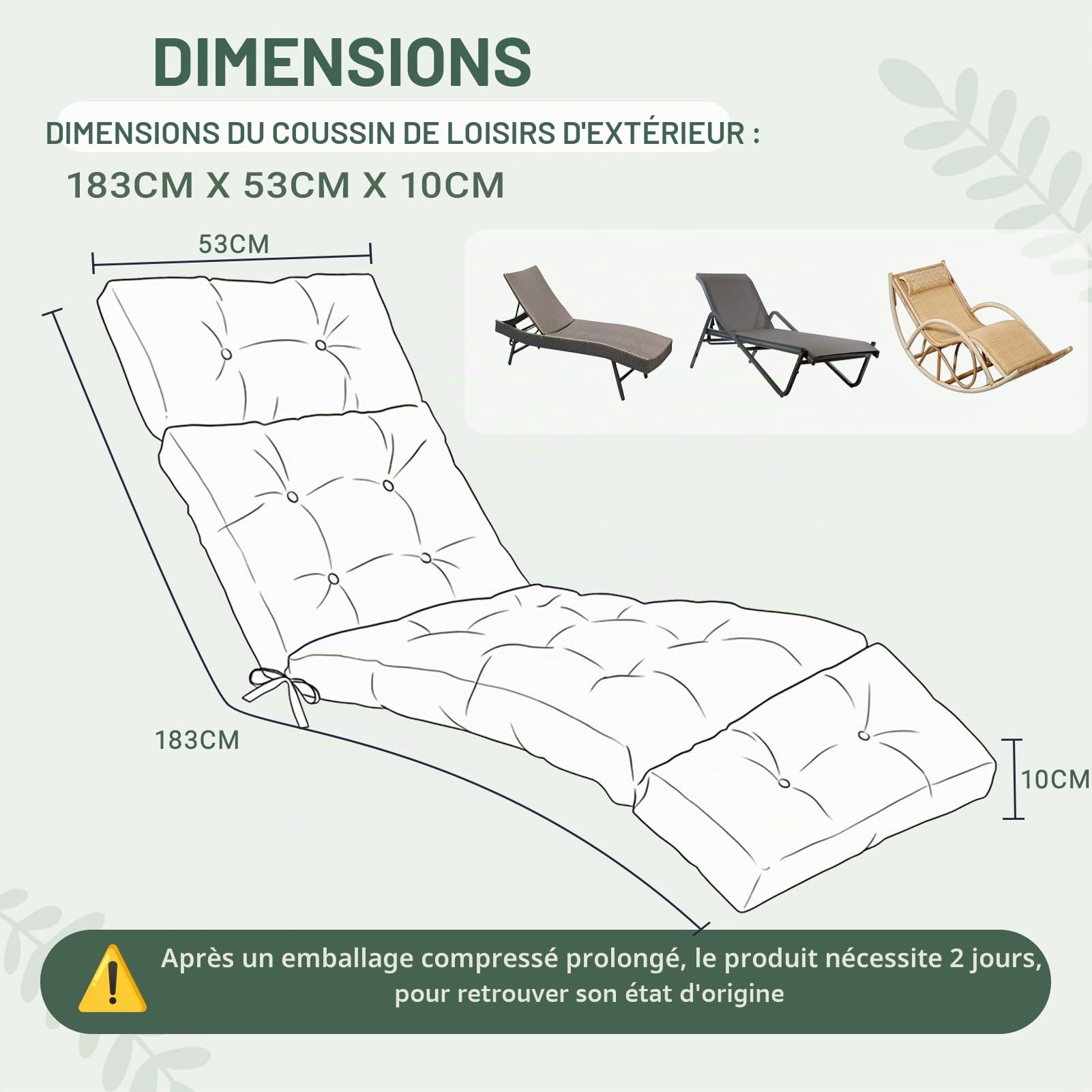 Coussin pour chaise longue d'extérieur : 183 x 53 cm - Imperméable - Avec sangles de maintien - Épaisseur - Pour chaise longue - Pour transat - Balcon et piscine - Fleur