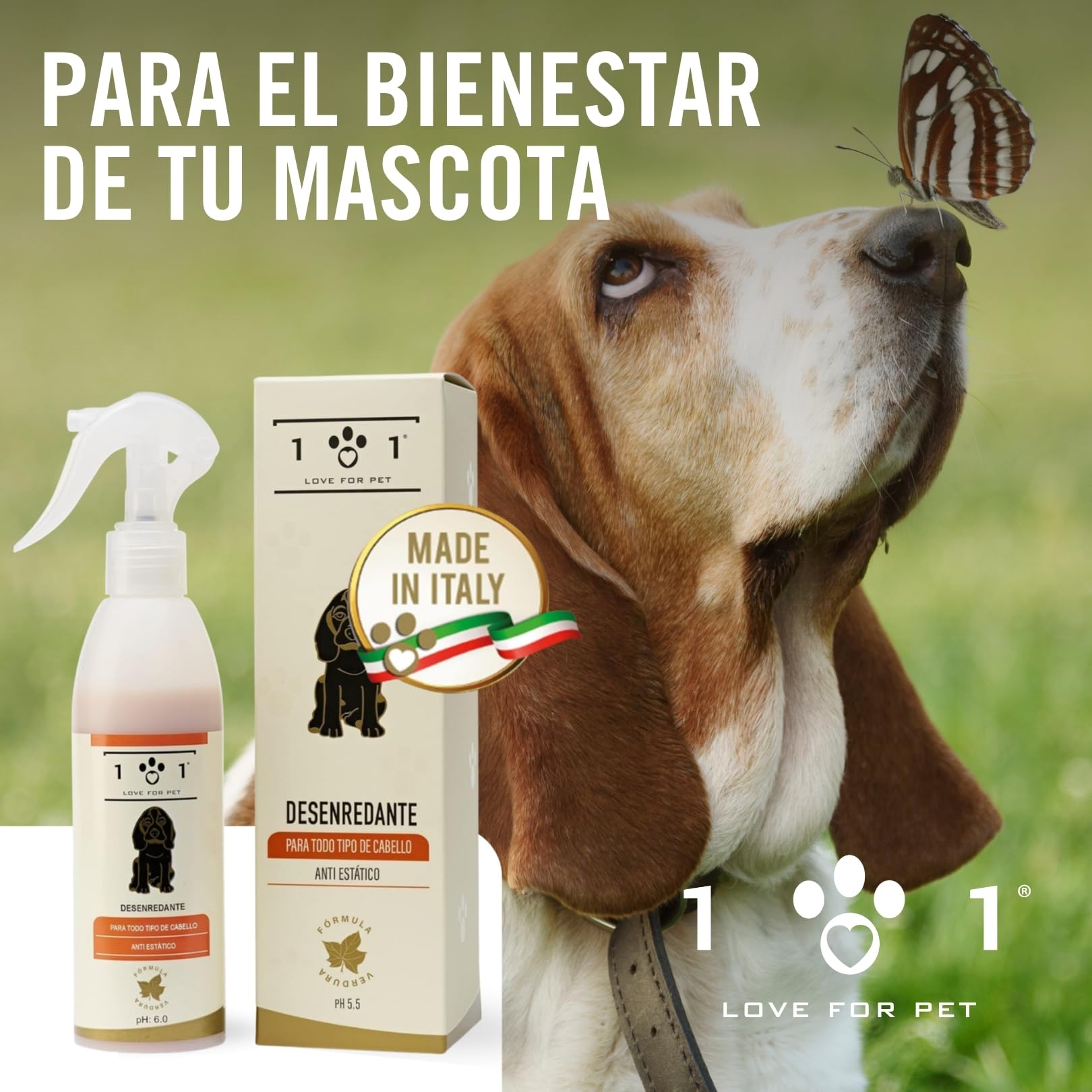 Línea 101 Spray Desenredante Pelo Perros 250ml, Acondicionador Perro Natural con Aceites Vegetales, Acondicionador para Perros Antiestático, Pelo Suave y Brillante, Made in Italy