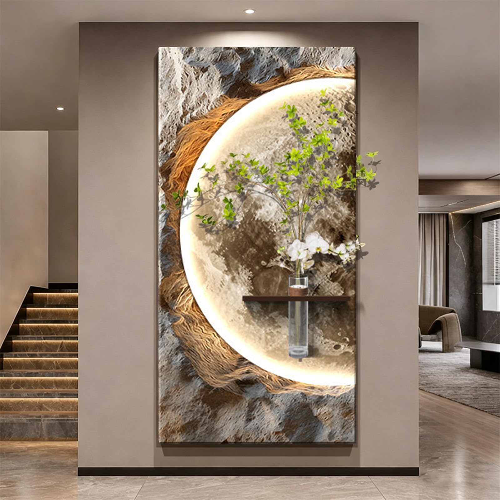 Large Vertical 3D LED Moon Wall Art Decor for Living Room, Modern Sandstone Textured Backlight Wall Home Decor for Hallway, Entryway, Dining Room,Built-in Glass Vase Style-B 19.7×39.4 in（50×100 cm ）