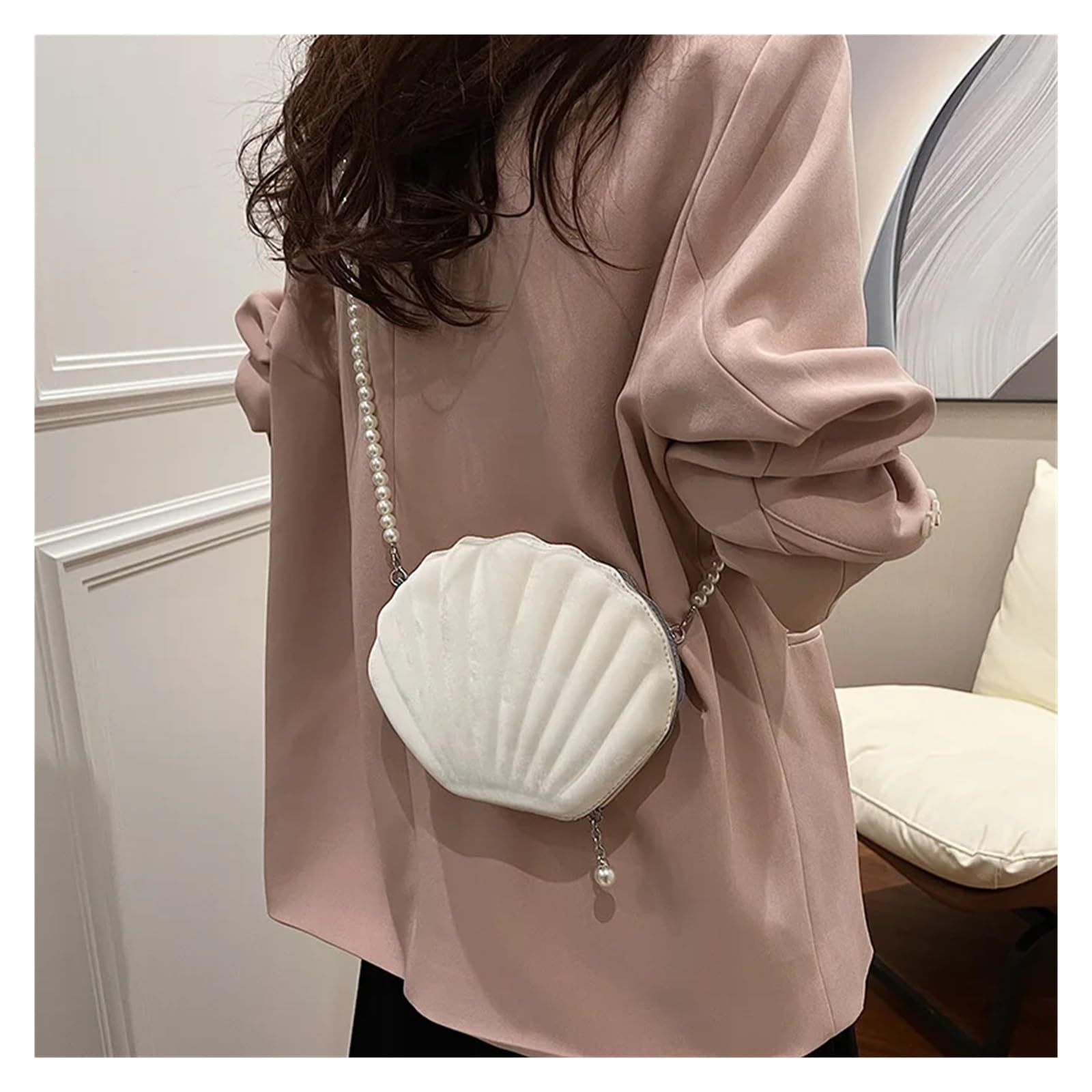 Conchiglia Borsa A Tracolla Singola Borsa da donna in velluto con texture tinta unita, borsa da sera con conchiglia, pochette con catena di perle, borse a tracolla da donna Adatta Per Matrimoni e Fest