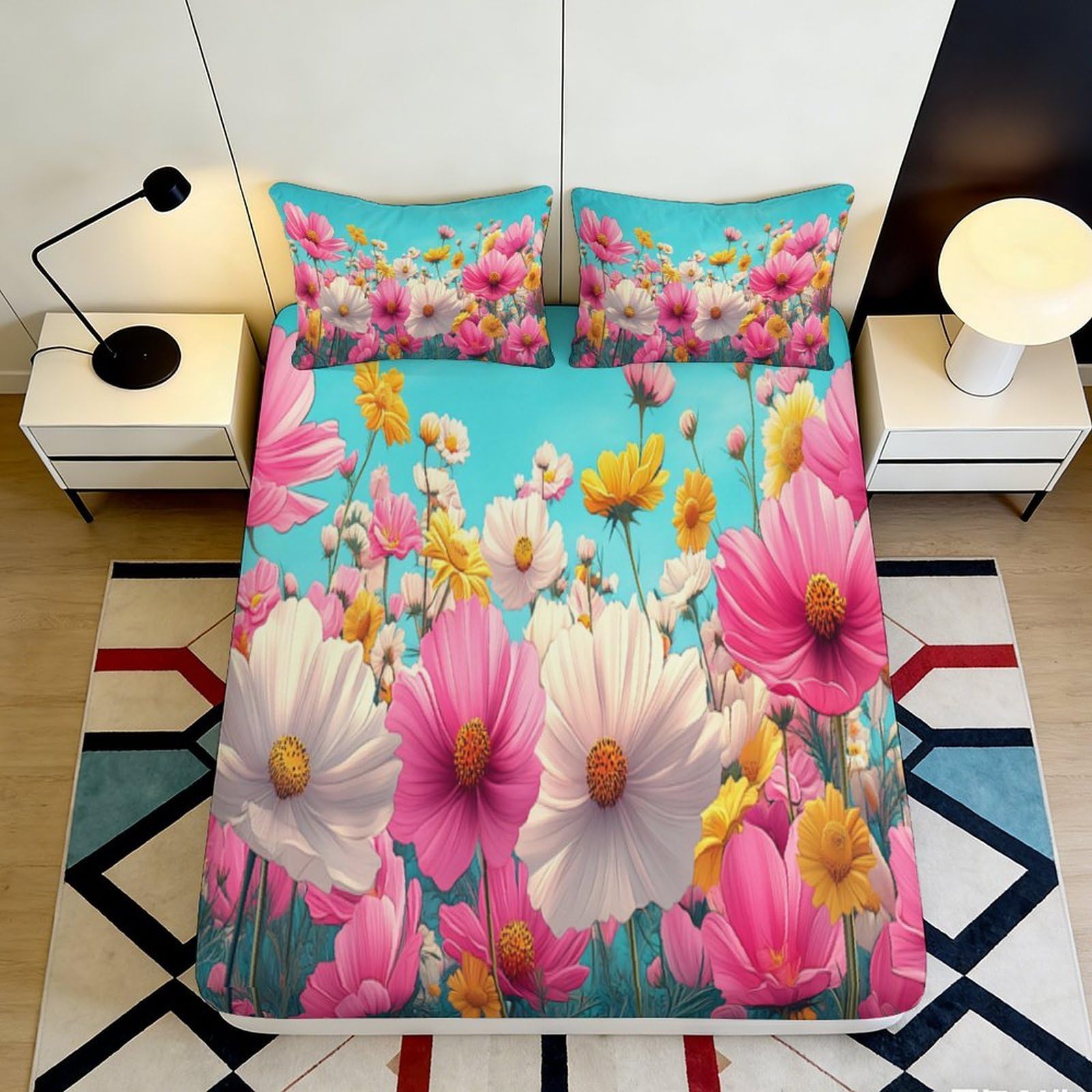 3D Printed Floral Meadow Fitted Sheet Microfiber Soft Breathable Wild Daisy Bed Cover for Bedroom Guest Room Decor 90x200x25cm