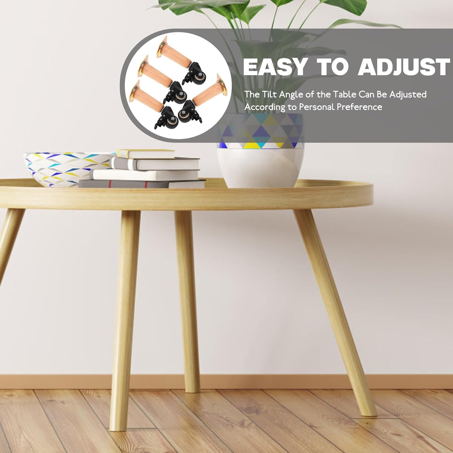 4pcs Movable Furniture Legs with Wheels, 10cm Solid Beech Wood Table Legs and 6.2cm Swivel Casters, Sturdy Support Feet for Sofas, Cabinets, Coffee Tables, Smooth Roll