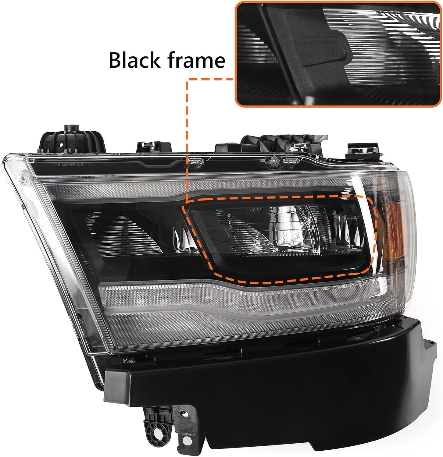 LED Headlight Assembly Compatible with Dodge Ram 1500 2019 2020 2021 2022 Replacement Headlamp with Black Housing Left Driver Side 68533275AA CH2502320