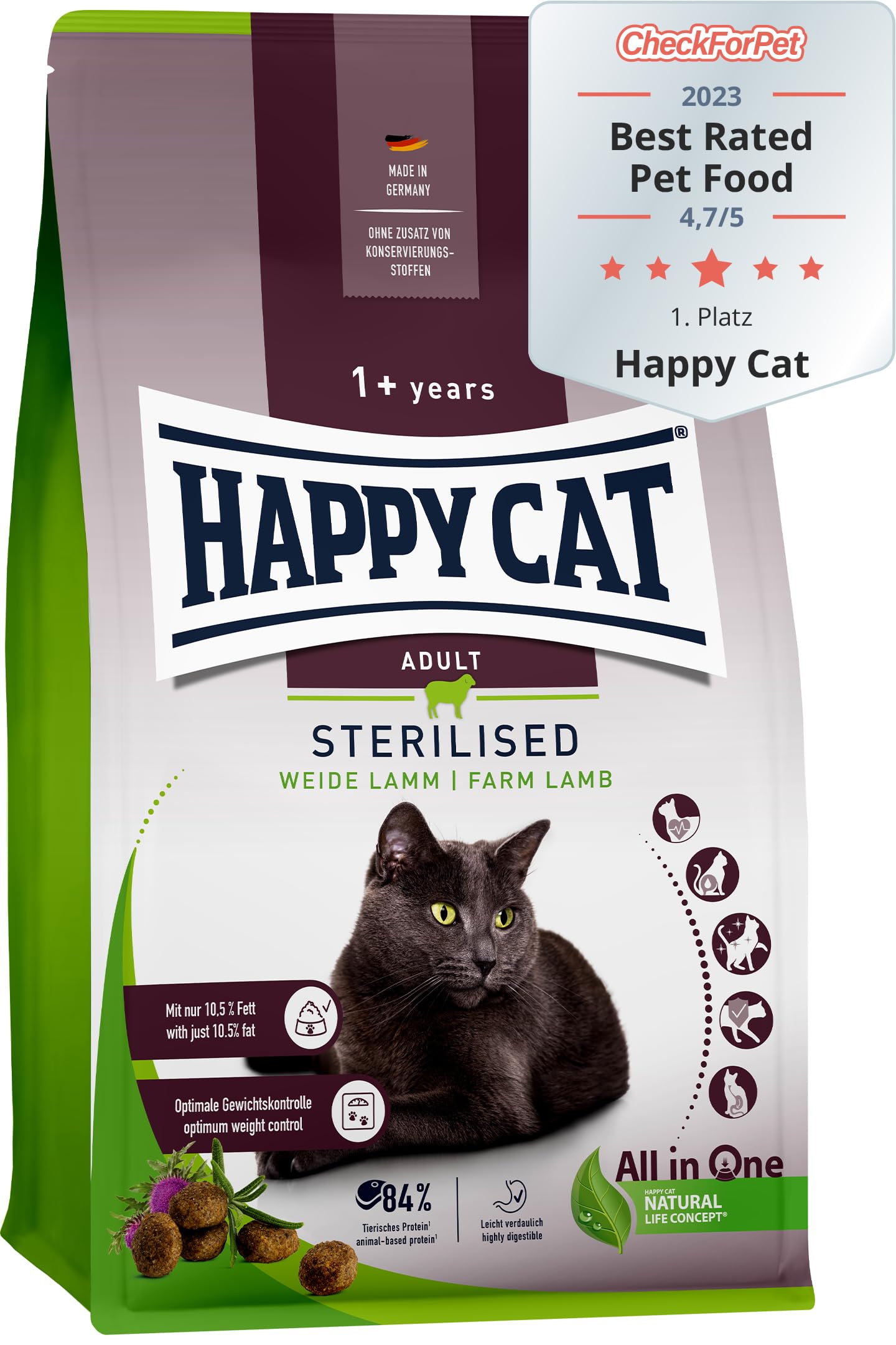Happy Cat Sterilised Adult Weide Lamm M - Trockenfutter für sterilisierte Katzen und Kater - 10 kg