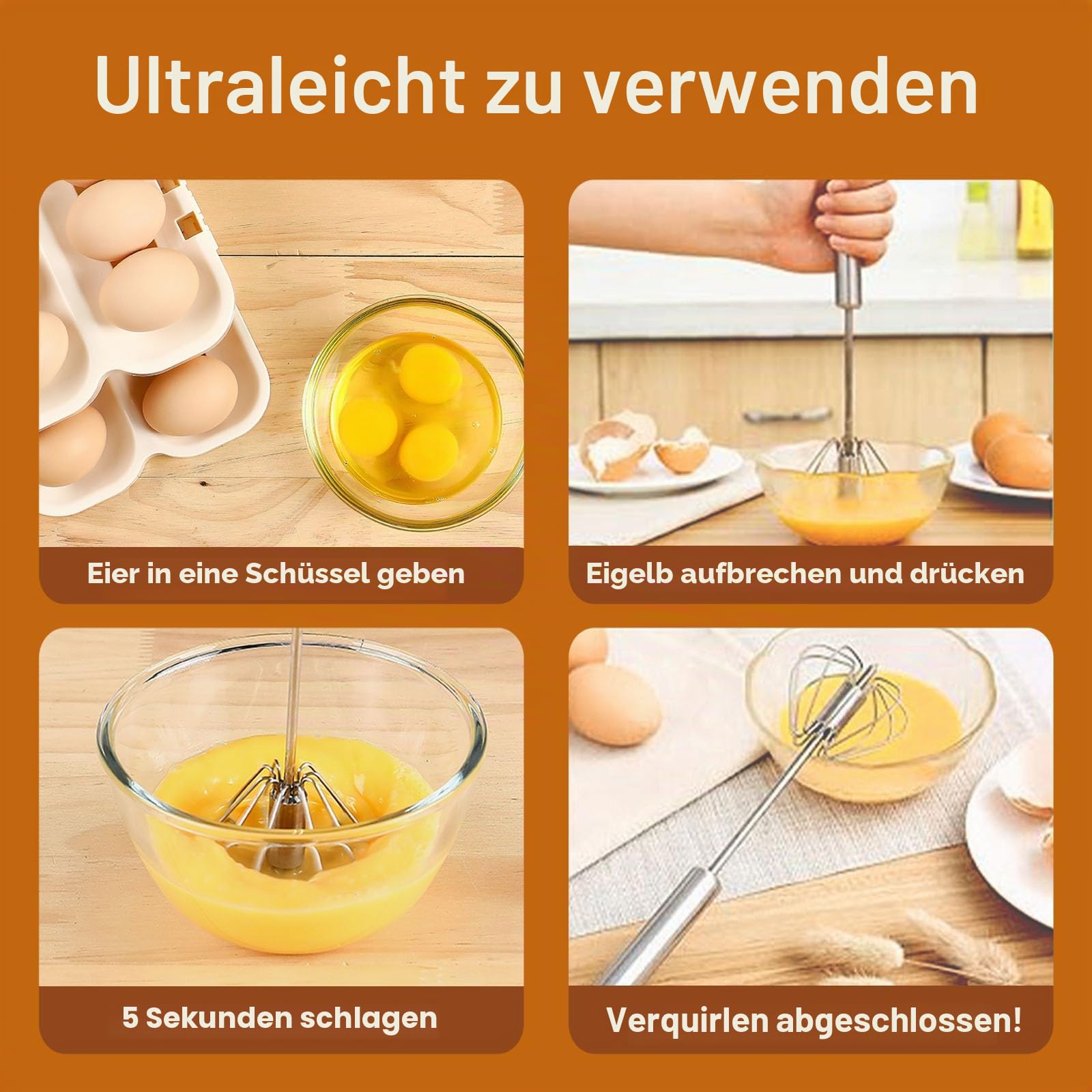 Halbautomatischer Schneebesen aus Edelstahl, 2026 Neuer Edelstahl-Eischneebesen Hand-Drück-Rotations-Schneebesen-Mixer, Hand-Drück-Mixer-Rührwerkzeug zum Kochen Küche Zuhause Ei Milch (25,4 cm)