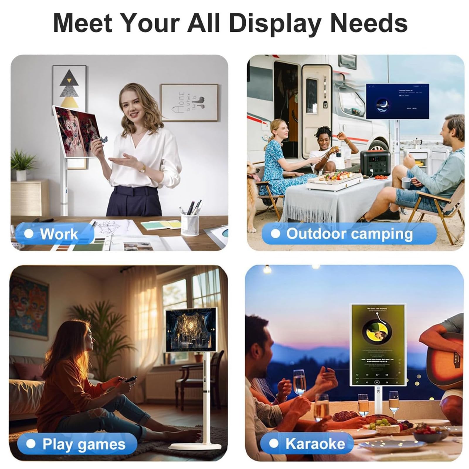 Smart TV Portatile da Esterno da 21.5/24/27/32" 1920x1080, 8+128 GB di RAM, Fotocamera da 13 MP, Proiezione su Schermo Wireless, Trasmissione in Diretta, Touch Capacitivo Completo 27in