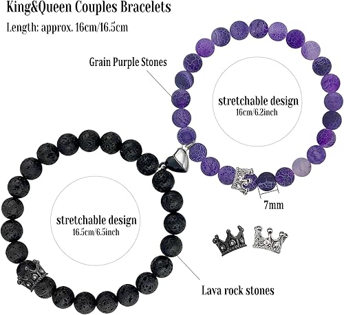 Miniatura 3 de Ymeeaa Pulseras para parejas, pulseras de corona de rey y reina para él y ella, pulseras a juego de corazón, pulseras de relación de larga