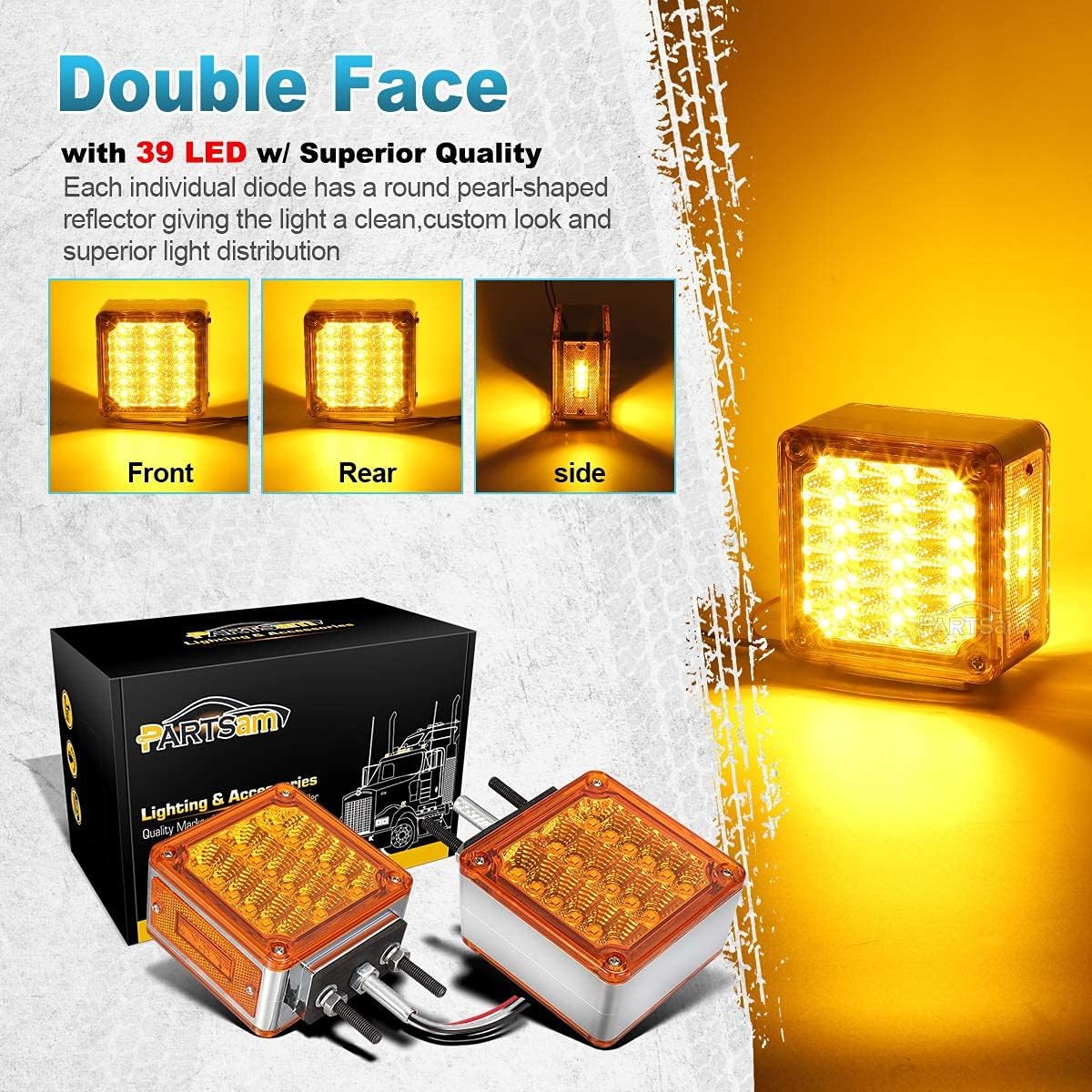 Partsam 5PCS 31LED Cab Marker Top Roof Running Lights + Amber/Amber Square Double Face Pedestal Stop Turn Tail Light 39LED Replacement for Peterbilt/Kenworth/Freightliner/Mack