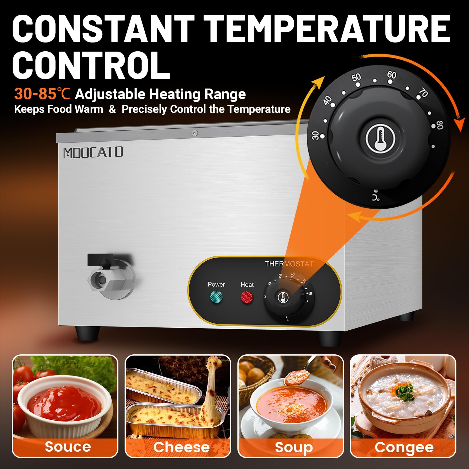 Profesional Baño María Eléctrico 3 X GN 1/3, Calentador de Alimentos eléctrico, con Grifo y Tapa, Acero Inoxidable con 3 ollas de 1/3