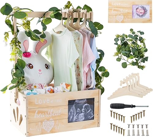 Armario de caja de baby shower con marco de fotos, cesta de madera para bebé con 5 perchas y decoración de guirnalda, almacenamiento personalizado