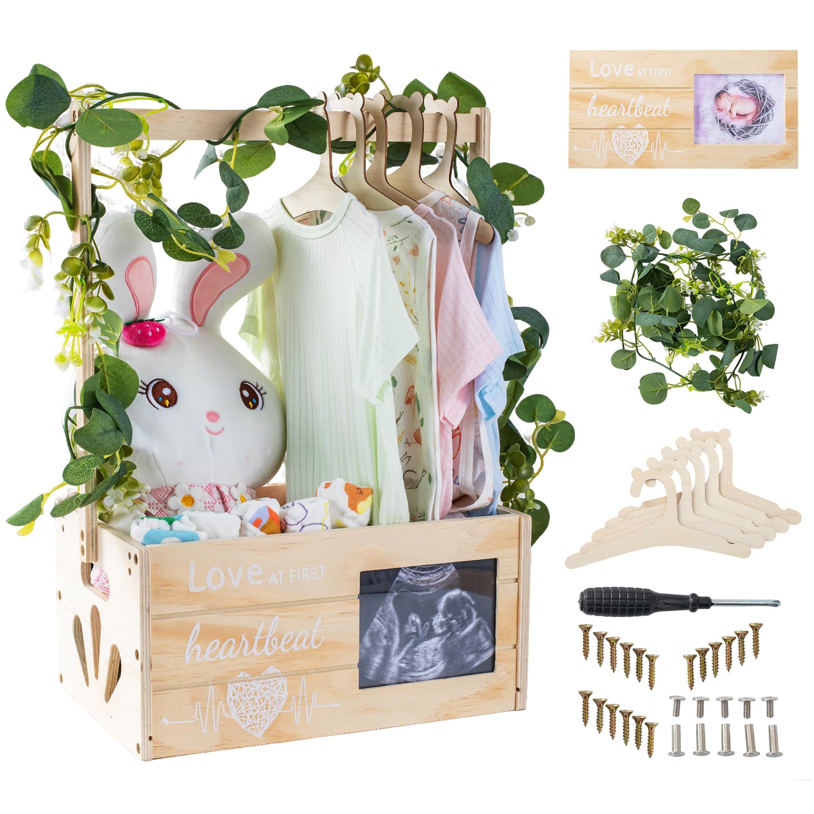 LLMQ Baby Shower Basket with Picture Frame Thickened Wooden Baby Shower Crate Closet with Adjustable Hange Baby Shower