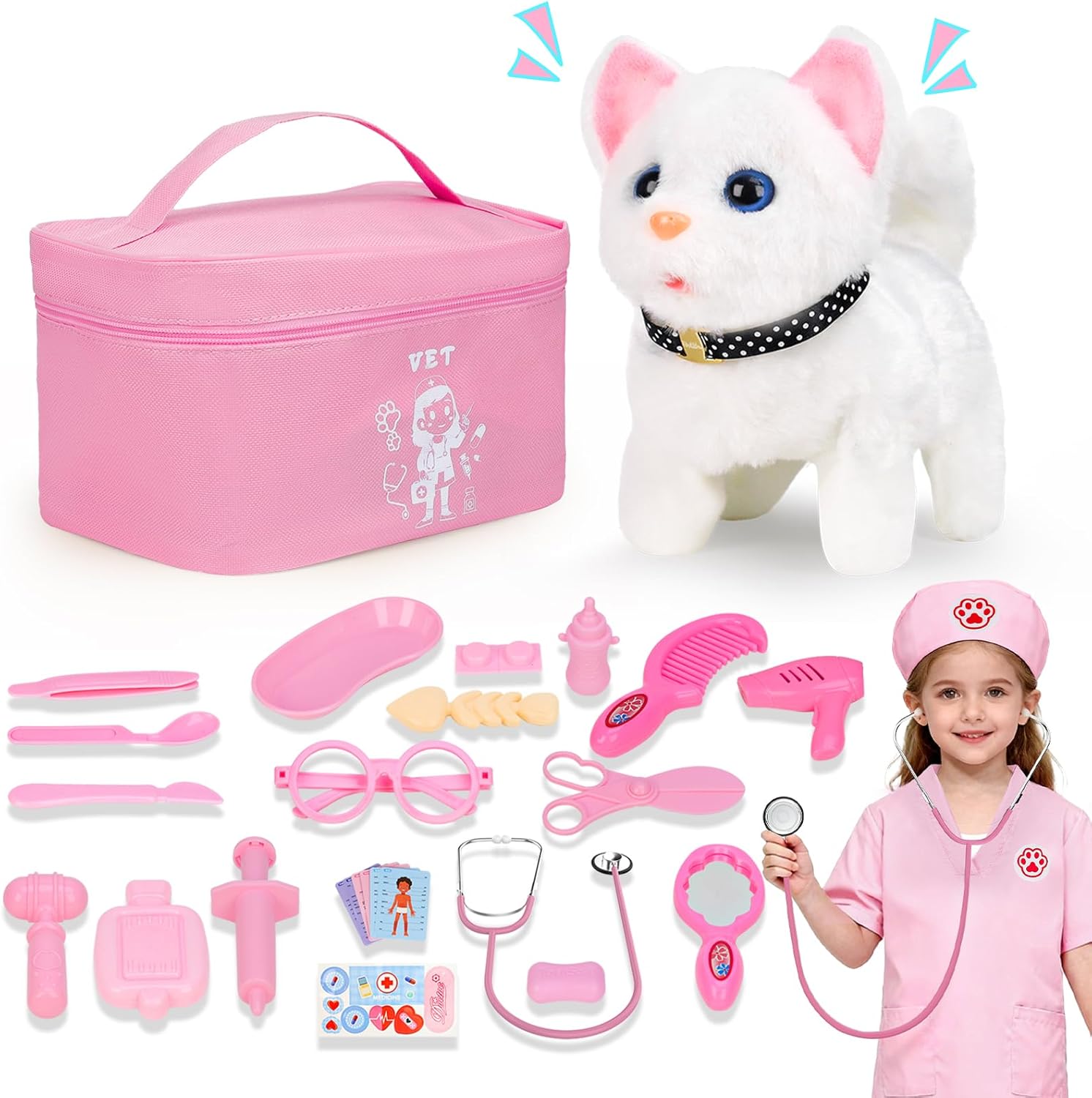 Doctor Kit for Girls, 27 Pcs Veterinarian Playset with Walking Cat Toy, Carrying Bag, Stethoscope & Dress Up Costume, Pretend Play Gift for Kids Toddlers Ages 3 4 5 6 Year Old