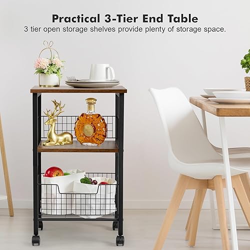 Miniatura 5 de Hadulcet Mesa auxiliar pequeña, mesa auxiliar de 3 niveles con cesta de almacenamiento, mesa auxiliar de estilo industrial para sala de estar,