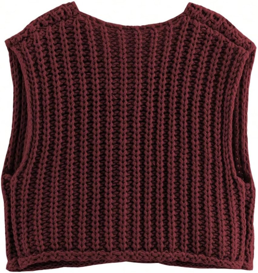 GORGLITTER Women's Button Up Cropped Sweater Vest Crewneck Sleeveless Knitwear with Pockets - Image 3