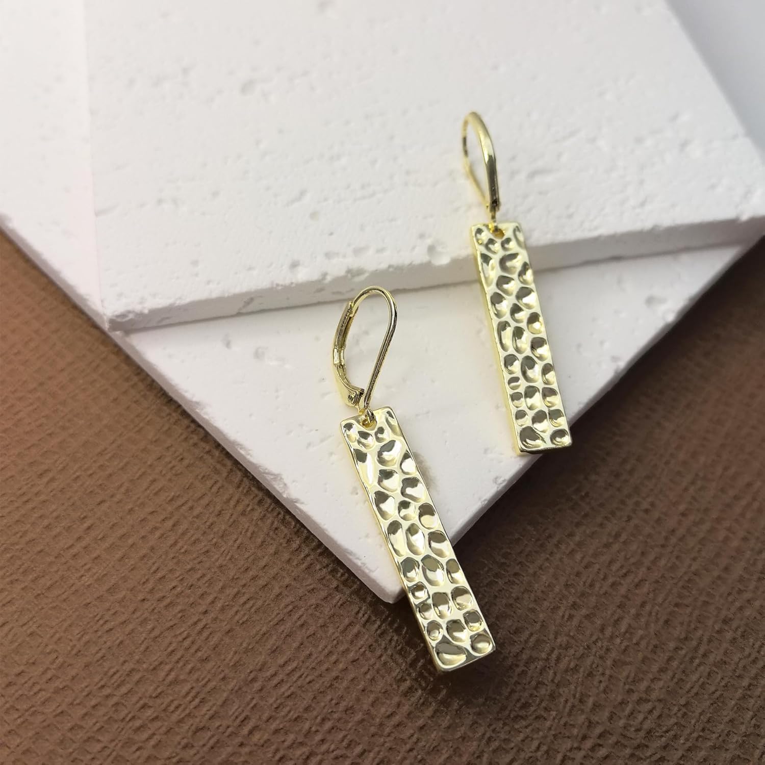Sterling Silver Dangle Drop Earrings for Women, 14K Gold Plated French Leverback Earrings, Hypoallergenic Hammered Geometry Dangle Earring for Women Dainty Jewelry - Image 3