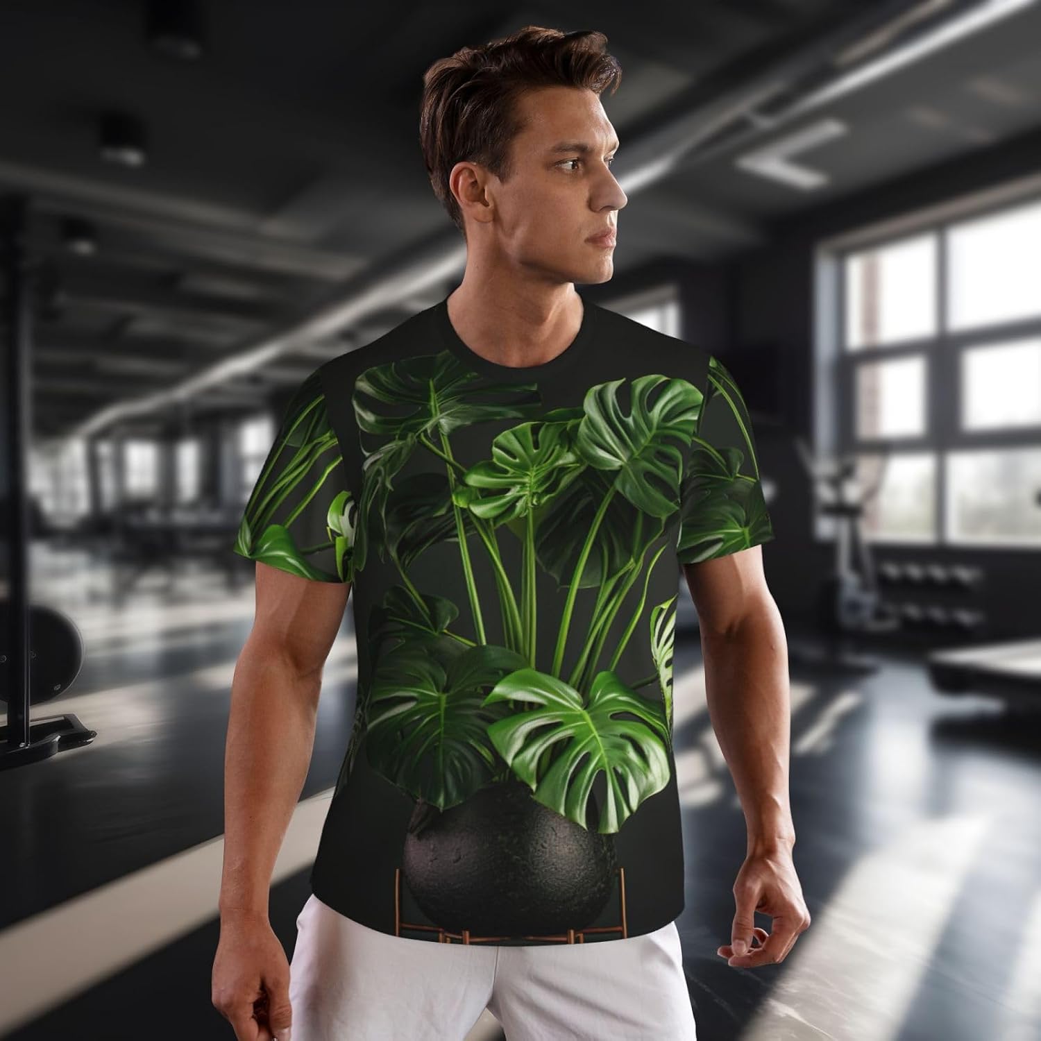 Monstera Deliciosa Banana Palm Print Mens Short Sleeve Mesh T-Shirt Breathable Athletic Gym Running Casual Sports Wear