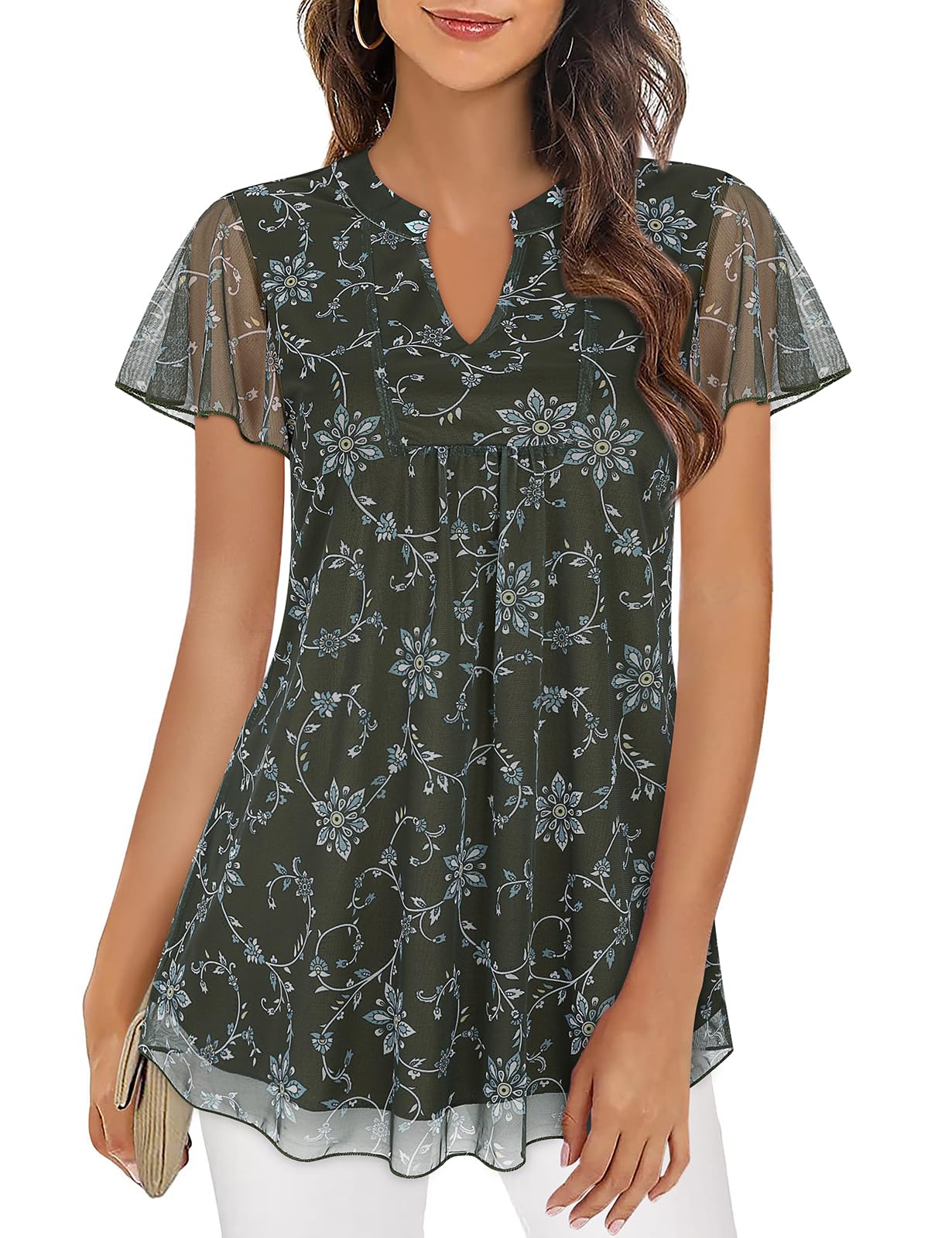 Syphiby Blusas de gasa con vuelos para mujer, elegantes y casuales con cuello en V, blusas de gasa en capas, camisas con estampado floral, camisas de boda, fiesta, playa, túnicas fluidas