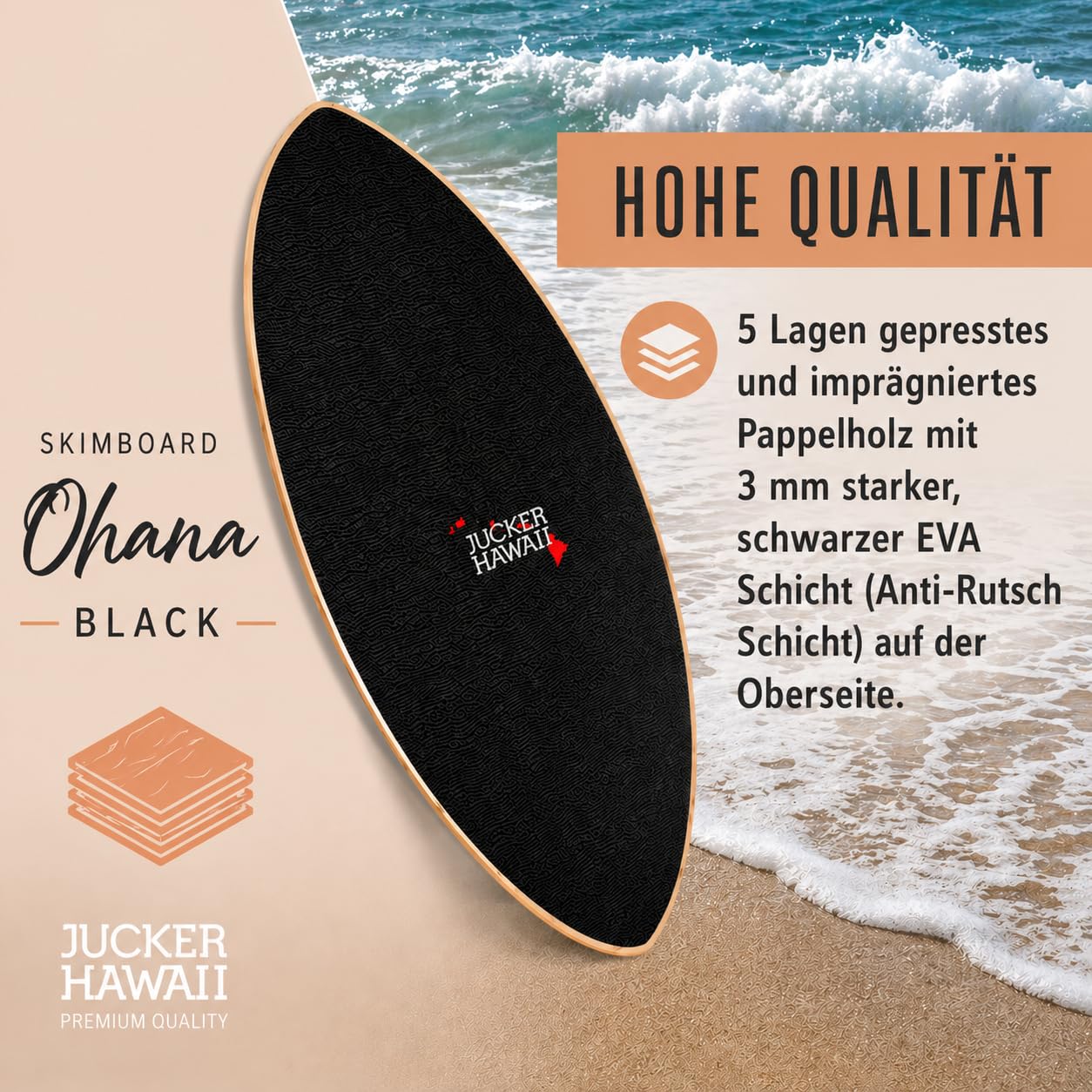 JUCKER HAWAII Skimboard Ohana Black | Skimboard mit vollflächigem Anti-Rutsch-Belag für optimalen Halt | Premium Skimboard für Anfänger und Profis | Perfekt für Strandabenteuer und Tricks