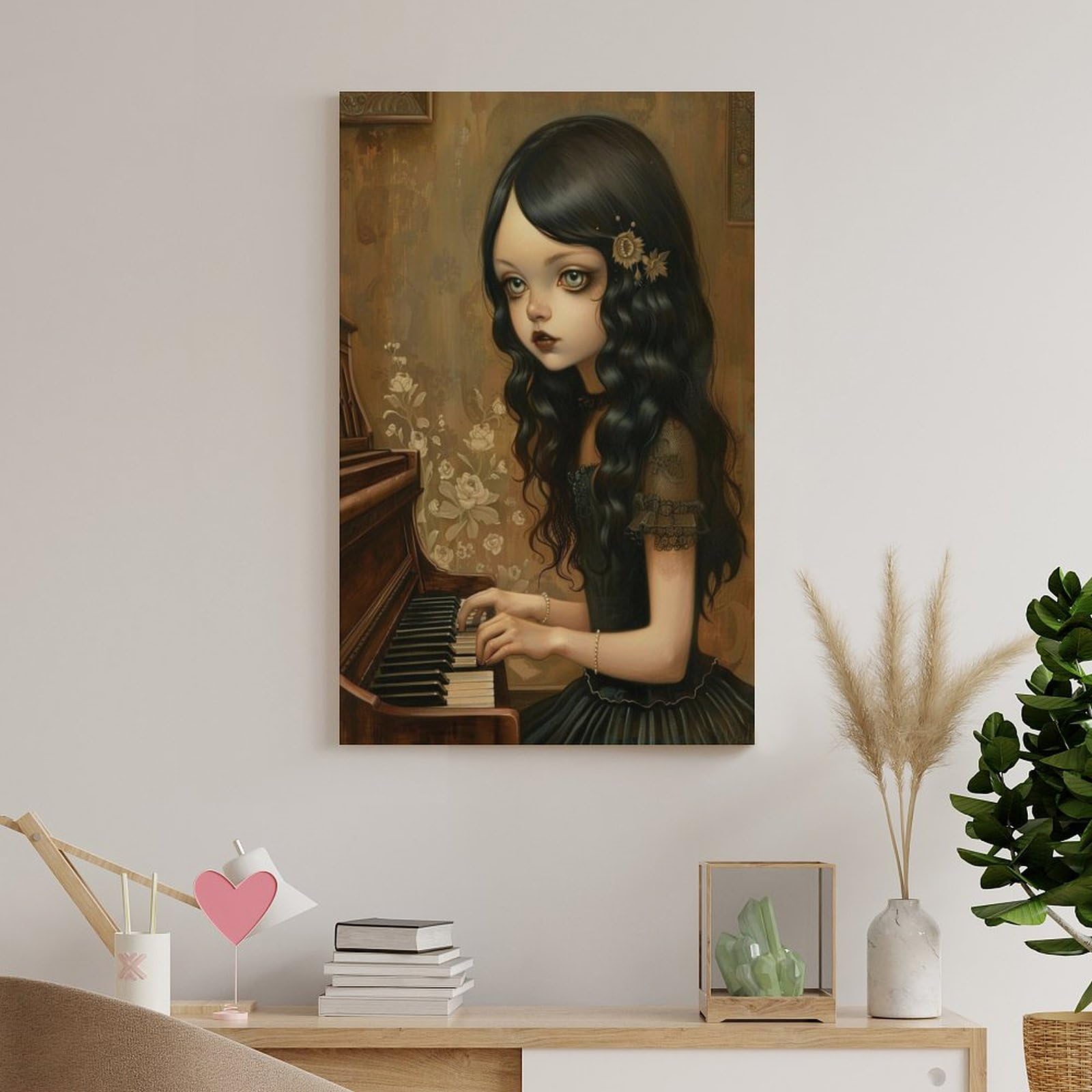 NFFBGFD Mädchen Spielt Klavie - Poster su tela, decorazione per camera da letto, ufficio, stanza, regalo, 60 x 90 cm
