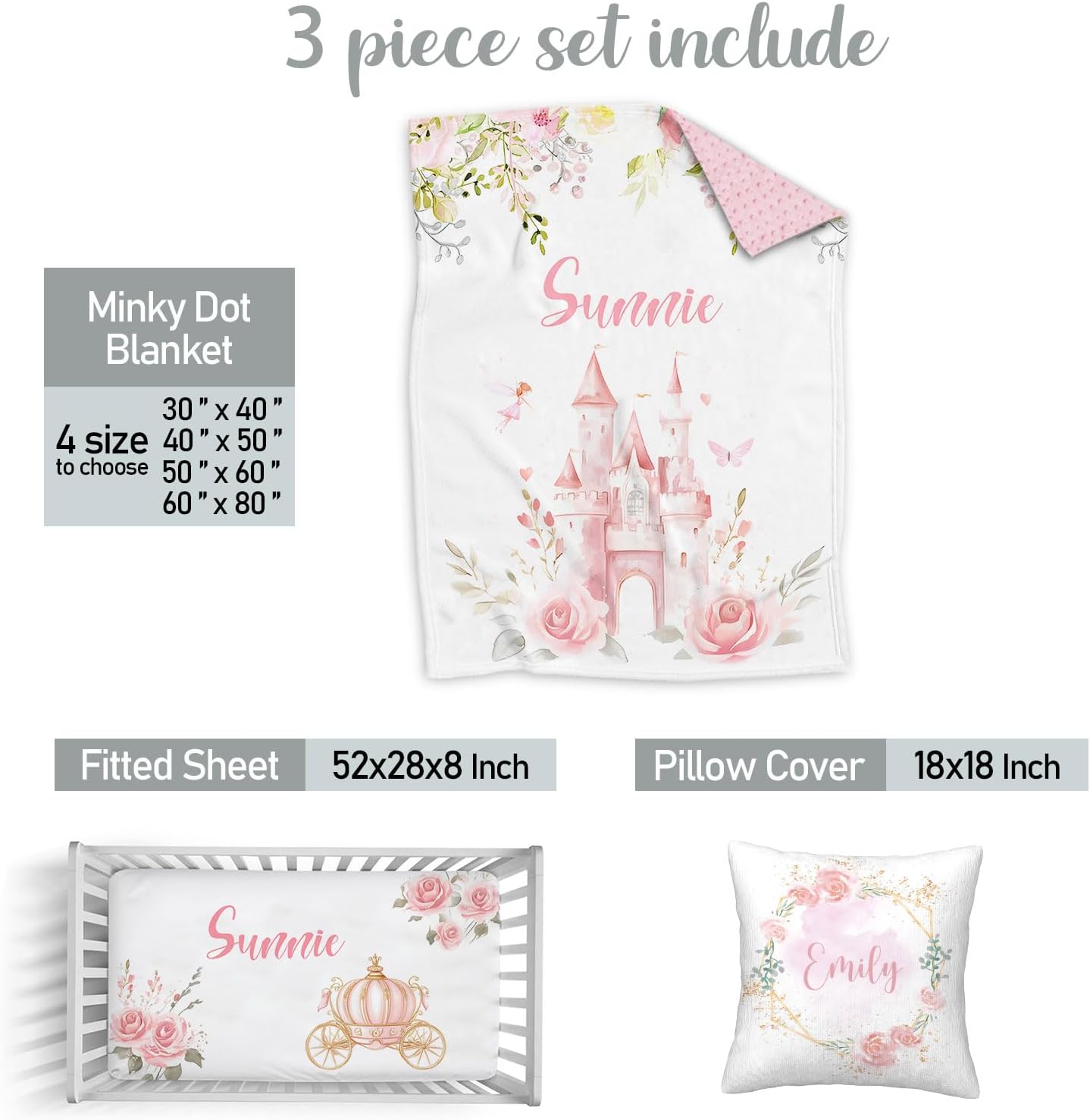 Custom Name Crib Bedding Set for Girls, Personalized 3 Piece Princess Castle Baby Girl Crib Sets, Minky Dotted Backing Blanket, Fitted Sheet, Pillowcase, Nursery Crib Set for Newborn Toddler Infant