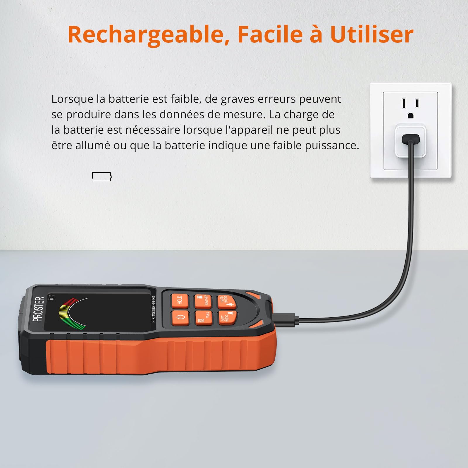 Proster Détecteur Humidité Mur Rechargeable, Testeur Humidité Bois Numérique Etalonnable Humidimetre Non Destructif avec Alarme Couleurs Sonores Écran LCD pour Plafonds Plancher Béton
