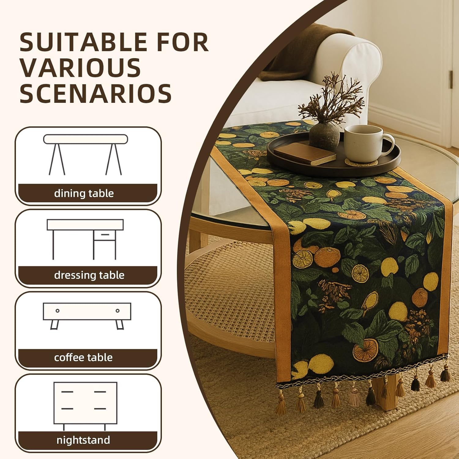 Table Runner 14x83 Inch, Retro-Luxury Tassels Series, Seasonal Kitchen Dining Table Decoration for Home Party Decor Holiday Decoration (Vintage Lemon)