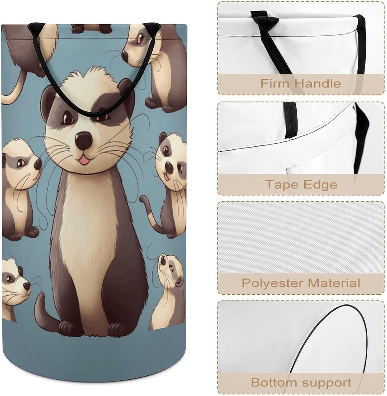 Hairy Ferret Laundry Hamper with Handles Waterproof Collapsible Laundry Basket Large Lightweight Round Dirty Clothes Hamper for Home Dorm Bathroom Decor