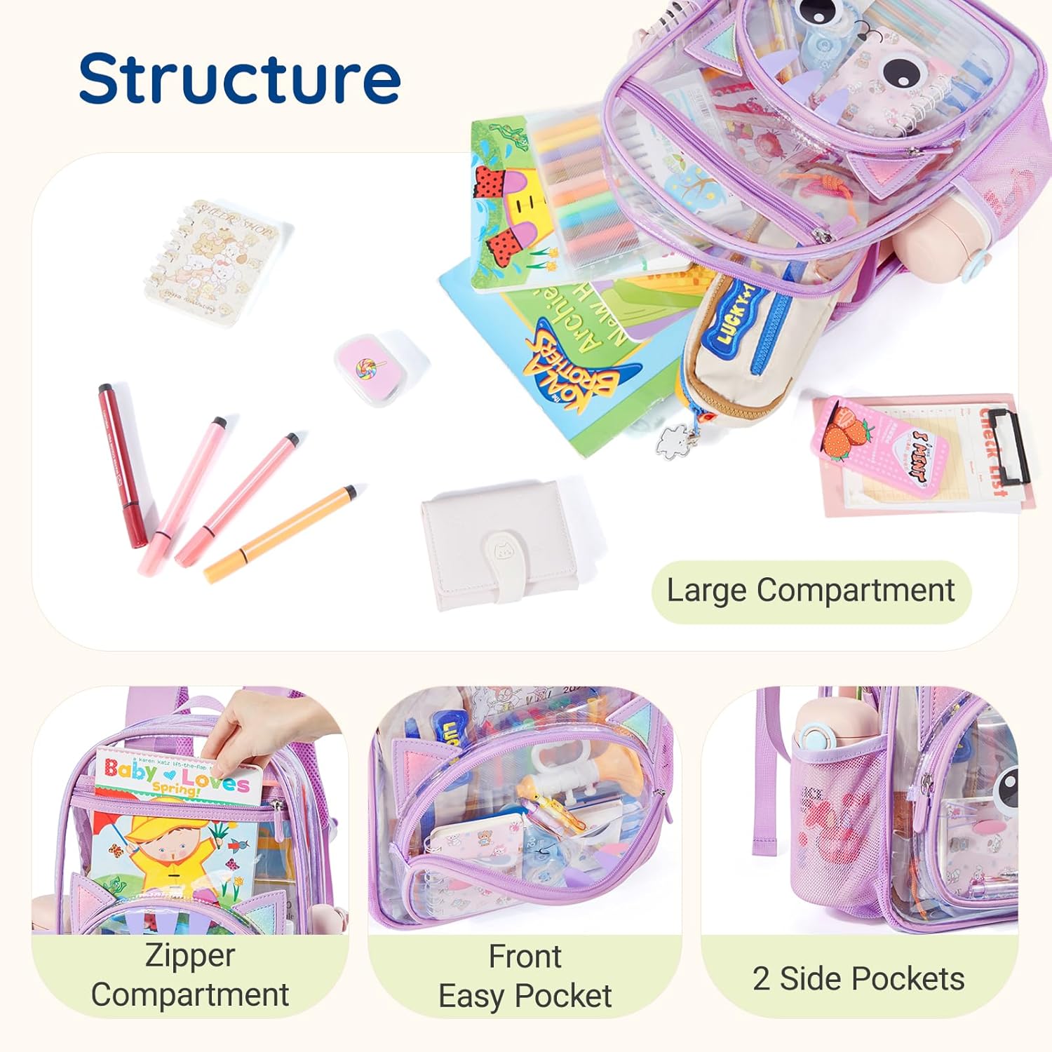 mommore Clear Backpack for Kids Cartoon Kitty Backpack for Girls 4-8 Water-Resistant See Through Cartoon Toddler Bookbag with Chest Strap for Preschool Kindergarten Travel, Purple - Image 4