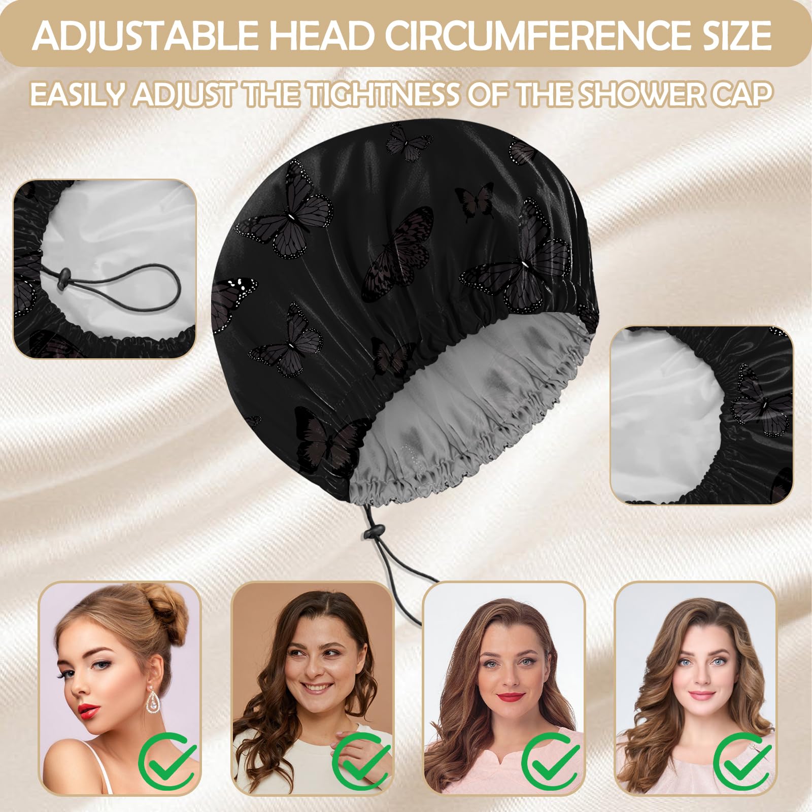 BHAHB 2 PCS Shower Cap Reusable Waterproof Double Layer Elastic Adjustable Hair Bath Caps Cute Aesthetic for Women Girls (V15-Black White Butterfly) - Image 4