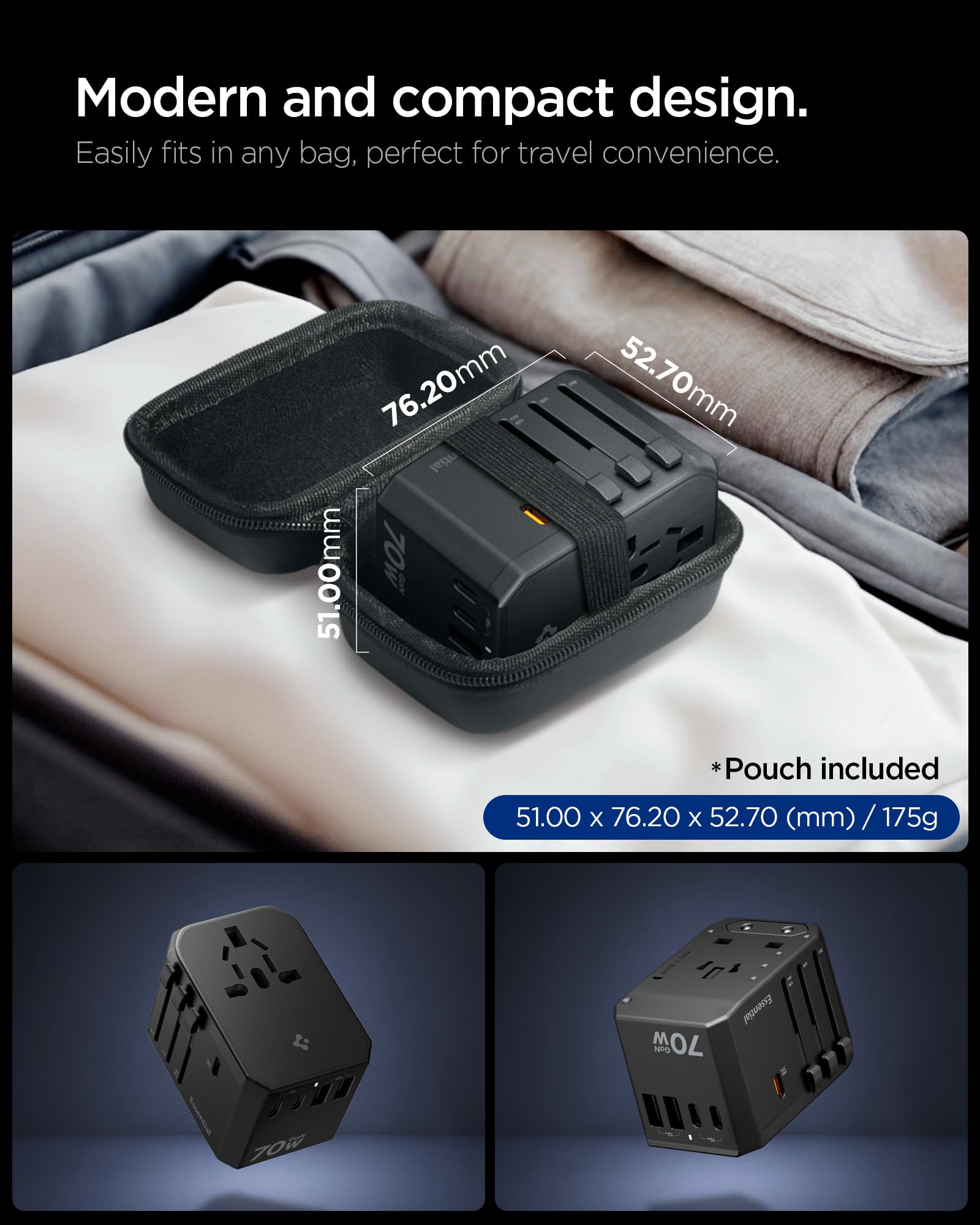 Spigen ArcStation Adattatore Universale da Viaggio 70W [5-Porte & PD] con 3 USB C e 2 USB A, Presa Universale da Viaggio per Inglese/Americana/Australia/Giappone, Viaggio Accessori Utili - Nero
