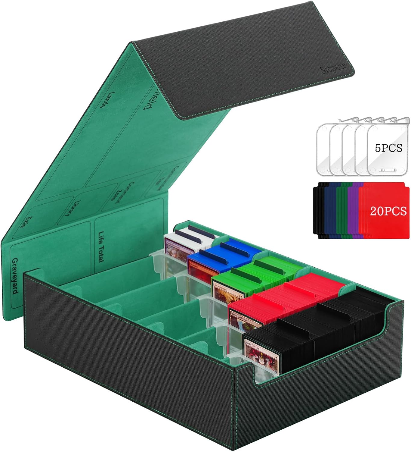 5 Row Trading Card Storage Box, 3800+Bulk Card Organizer Box with 20 Dividers & 5 Supporters, Graded Card Deck Box for YuGiOh, MTG, TCG Black/Green