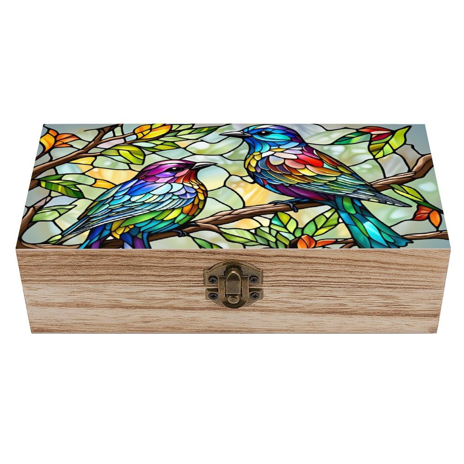 asbwuo Colorful Feather Double Bird Nesting Branch Vintage Wooden Keepsake Box