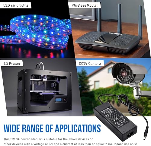 Miniatura 5 de TOBWOLF Adaptador de fuente de alimentación de 3 clavijas CC 12V 8A, 96W AC 100V-240V a DC 12V 8A Transformador, Adaptador de conmutación de 12V-8A