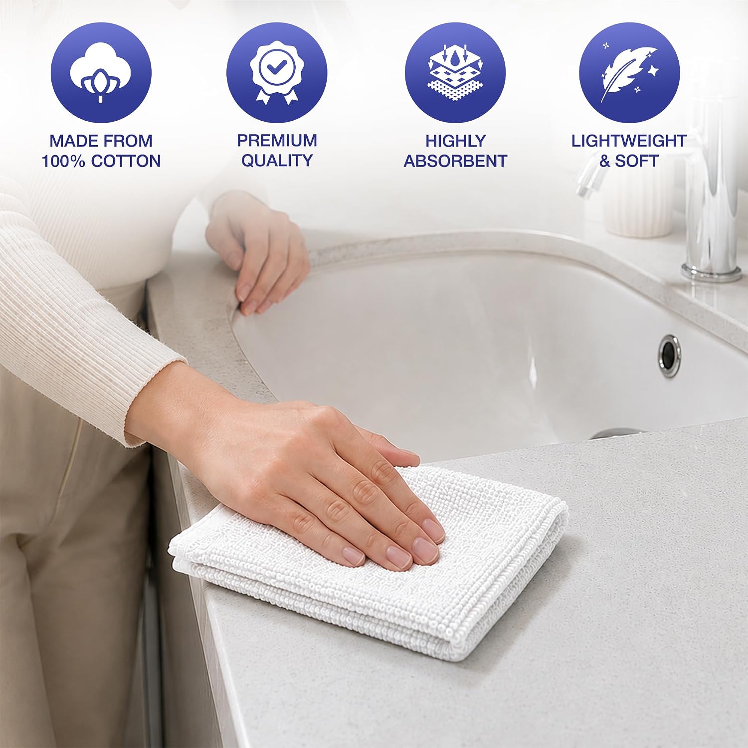 Premium Washcloths 12 Pack – Ring Spun Cotton, Soft & Highly Absorbent Face Cloths, 650 GSM, White Washcloths for Bathroom, Shower, Spa & Gym image 4