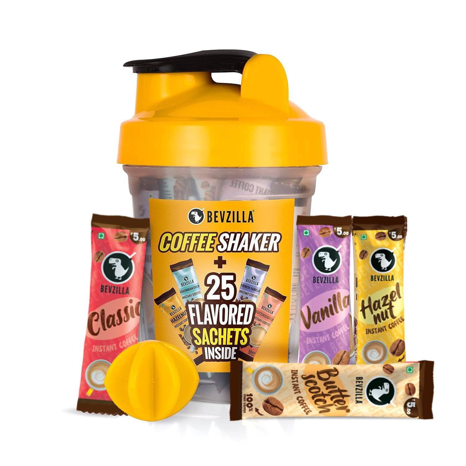 25 Assorted Instant Coffee Sachets & Bottle Pack | 2g Coffee Each Pouch | BPA Free Shaker 500 Ml For Office, School, Gym, College | Perfact For Espresso, Latte, Cappuccino | Enjoy Hot & Cold Brews
