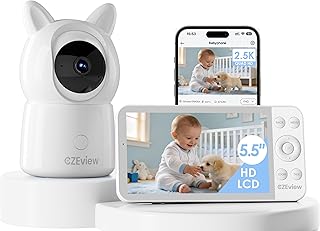 CZEview Babyphone mit Kamera 2.5K & 5.5-Zoll-HD-Großbildschirm, Nachtsicht, 360° WLAN Video Babyfon mit App, Musik & Buntes Nachtlicht, Intelligente Erkennung (Weiß mit 1 Kamera)