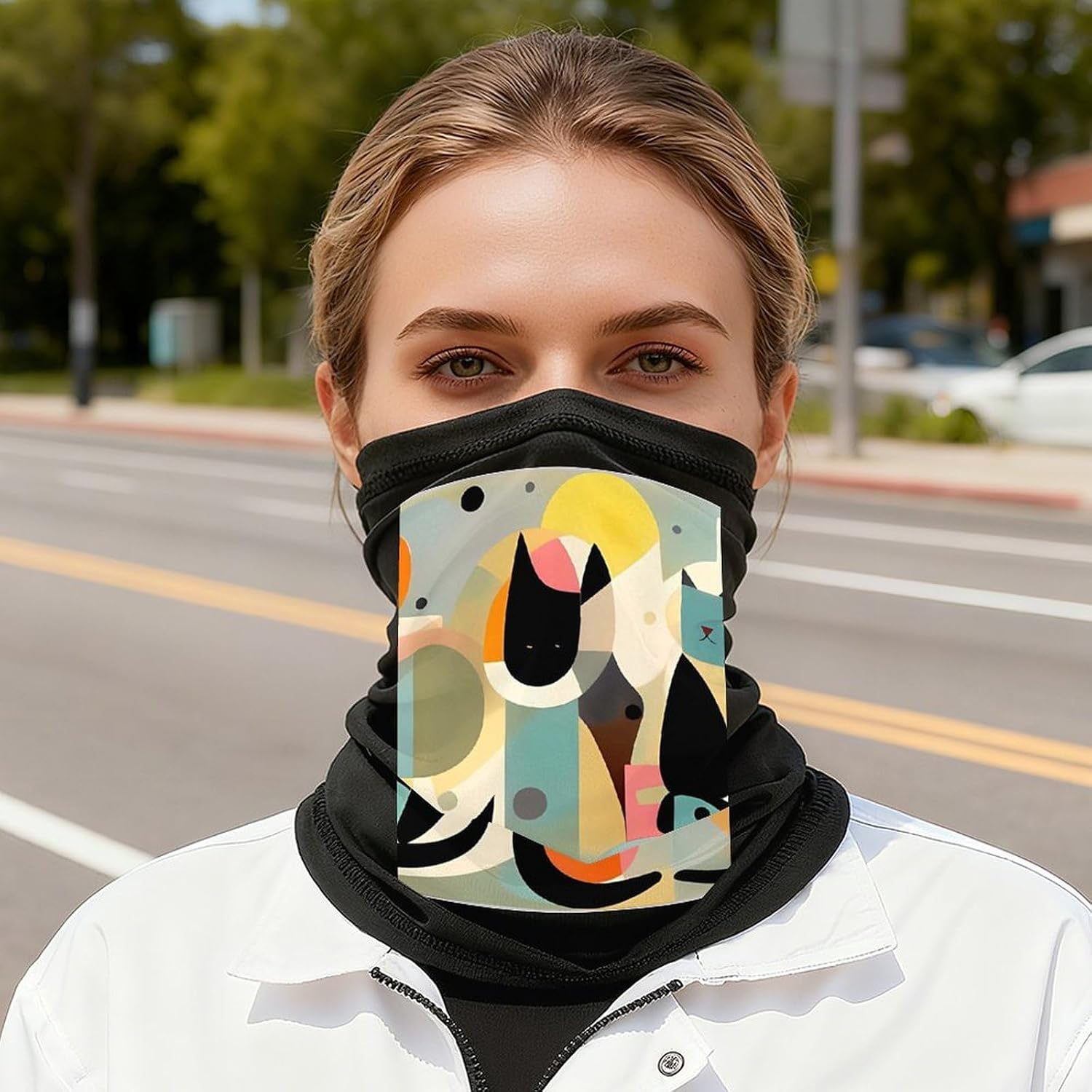 Mid-Century Modern Art Cat Neck Gaiter Face Mask UV Protection for Men Women, Breathable Quick Dry Face Cover Bandana Outdoor Sports Balaclava Wind-Proof for Hiking Skiing Motorcycle Cycling