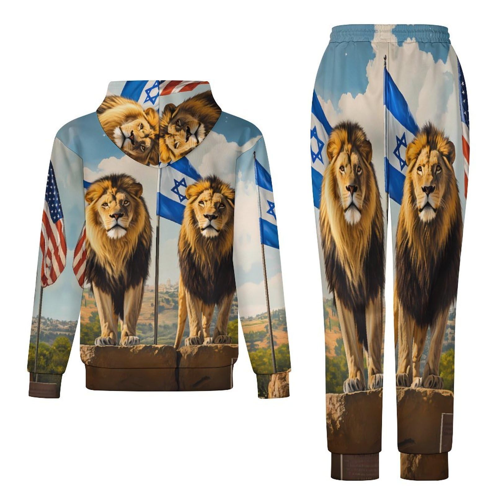 Conjunto de sudadera para hombre con la bandera de Israel de los Leones de Estados Unidos, conjunto de sudadera de 2 piezas para descansar, casual, sudadera cómoda con capucha