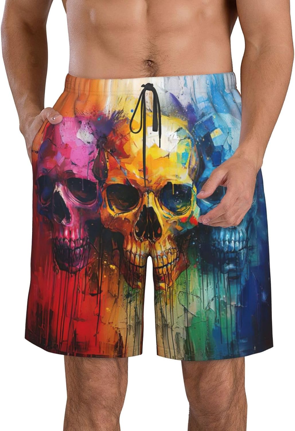 Color Skulls Print Men's Quick-Drying Shorts Casual Beach Pants Stretch Waist Shorts and Pockets