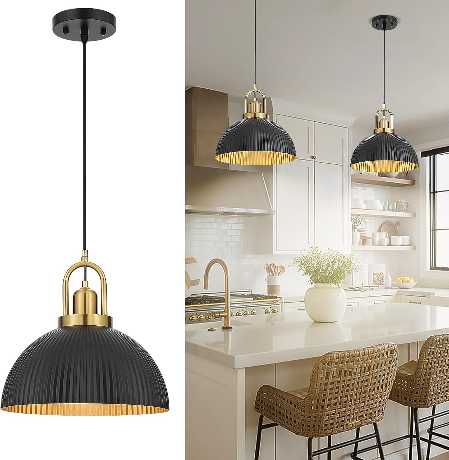 AoMck Pendant Lights Kitchen Island, Black Metal Farmhouse Pendant Light Fixtures, 11.8" Industrial Modern Hanging Pendant Lights for Kitchen Island Dining Room Bedroom Cafe bar (Black/Glod, 1 Pcs)