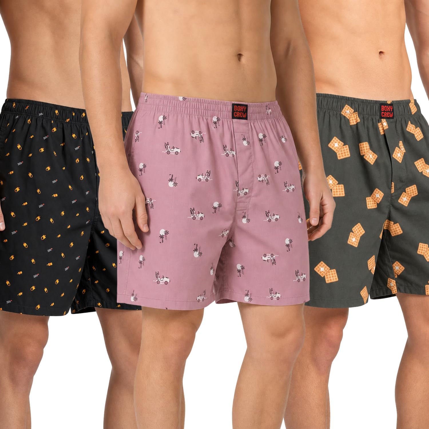 Men's 100% Cotton Printed Boxer Shorts Pack of 3 with Dual Side Pockets and Fabric-Covered Waistband - Black/Pink/Brown, Styles MBX016, MBX028, MBX030-picture-34