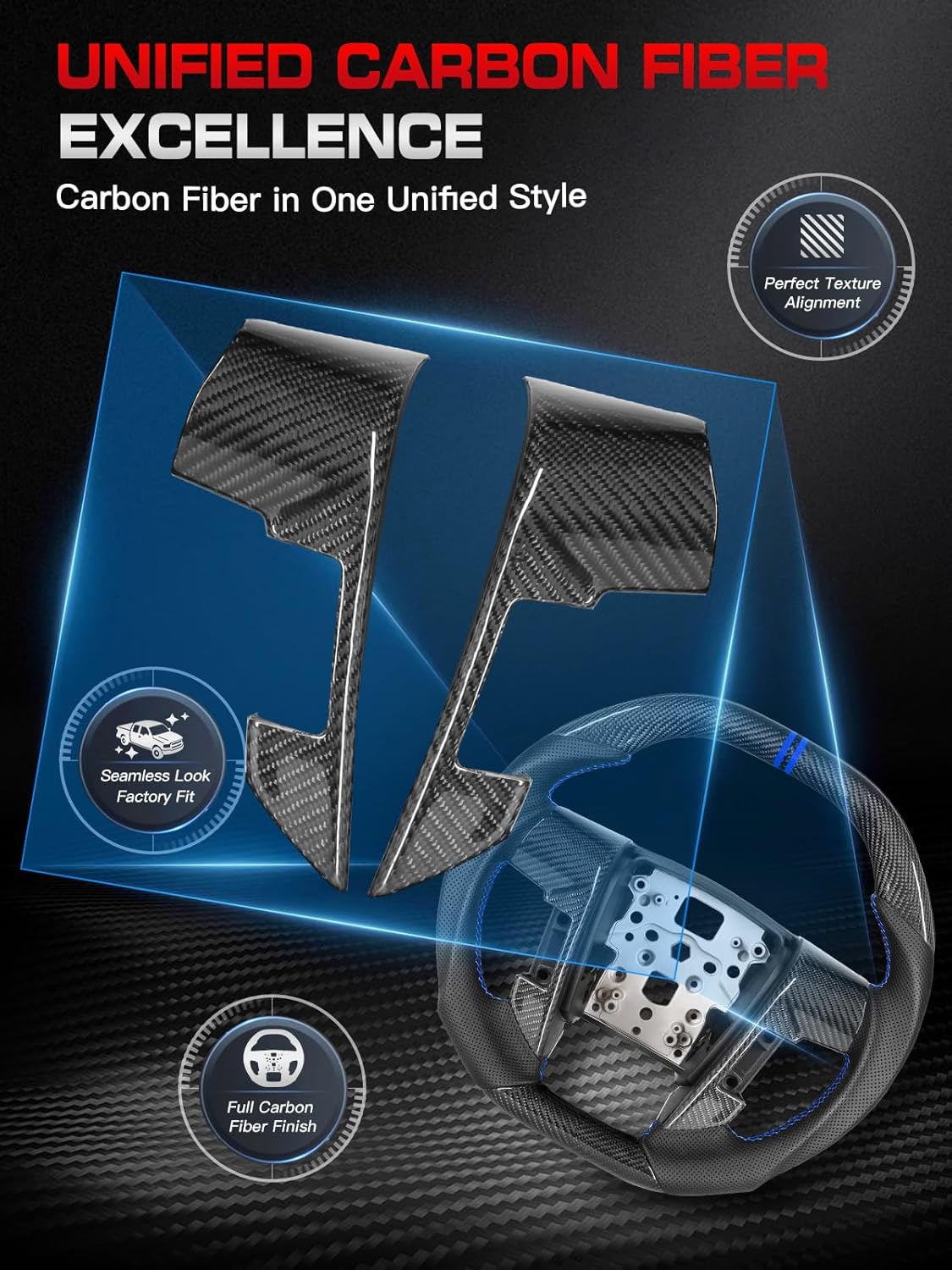 Real Carbon Fiber Steering Wheel for Ford F150 (2009-2014) & SVT Raptor (2010-2014), Double D-Shape, Dual Blue Stripes & Stitching, Hand-Stitched Nappa Leather