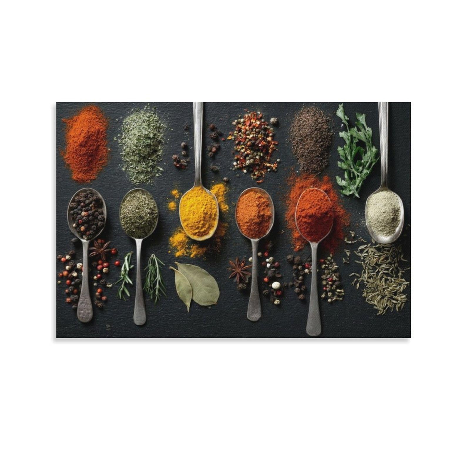 CPLVKWRQJ Spices And Herbs Display Single Piece Assorted Colorful Spices on Metal Spoons Canvas Wall Art - Housewarming Gift Bedroom Canvas Painting Ready to Hang Decor 24x36inch(60x90cm)