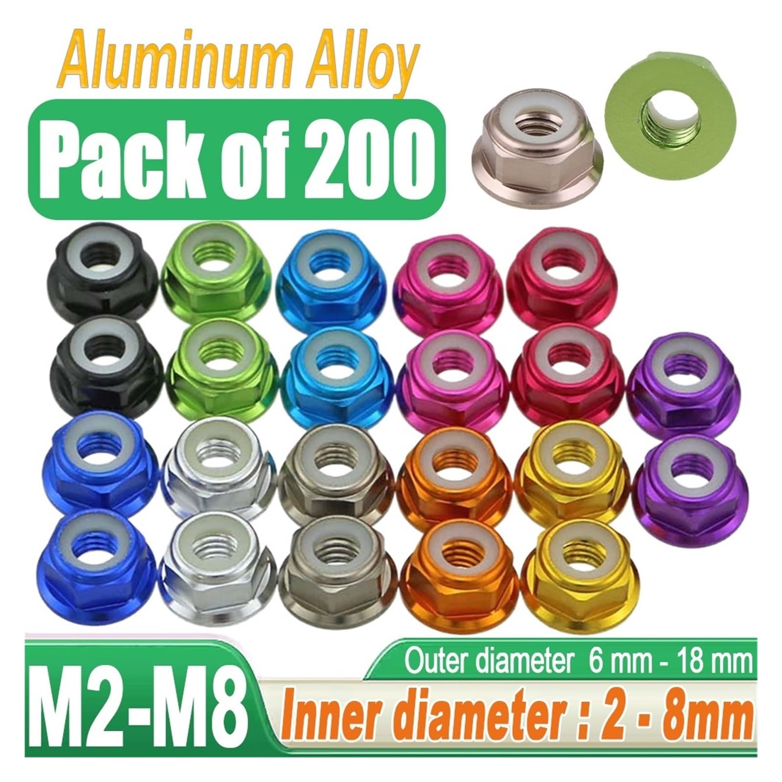 Tuerca Autoblocante Tuerca de bloqueo aluminio 200 piezas para Tornillos | M2 .5 M3 M4 M5 M6 M8 Inserto de nailon de aleación colorida autoblocante(Orange,M2 (200pcs))