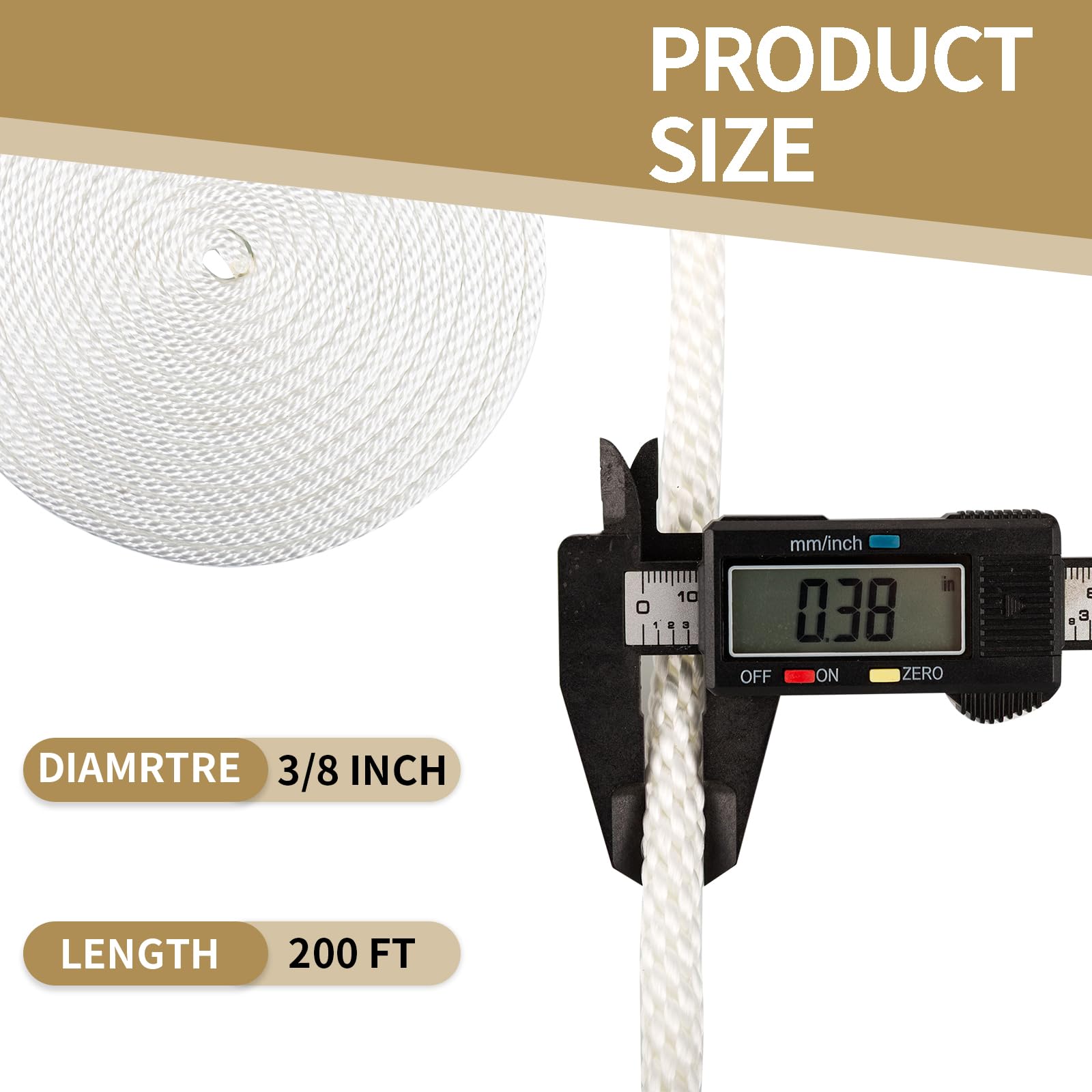Cuerda trenzada sólida de nailon blanco de 3/8 pulgadas, 200 pies, alta resistencia a los rayos UV y a la abrasión, grado industrial, baja elasticidad, multiusos para postes de bandera, tendederos